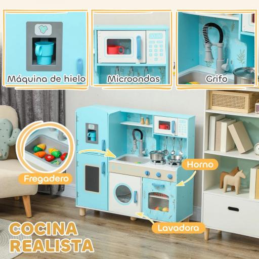 Cocina de Madera Infantil con Sonido Fogón Horno Grifo Fregadero Microondas Lavadora Máquina de Hielo Azul [6]