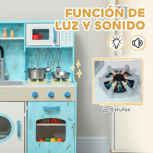 Cocina de Madera Infantil con Sonido Fogón Horno Grifo Fregadero Microondas Lavadora Máquina de Hielo Azul [4]