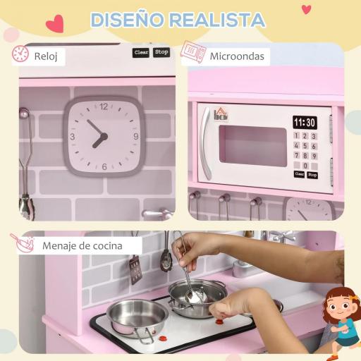 Cocina de Juguete de Madera para Niños de +3 Años Cocinita de Juguete con Luz y Sonidos 70x29x90 cm Rosa [3]