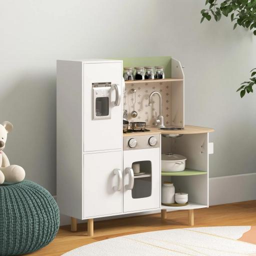 Cocinita de Juguete Infantil de Madera con Máquina de Hielo Fregadero Móvil y Utensilios de Cocina 84x34x89 cm Blanco