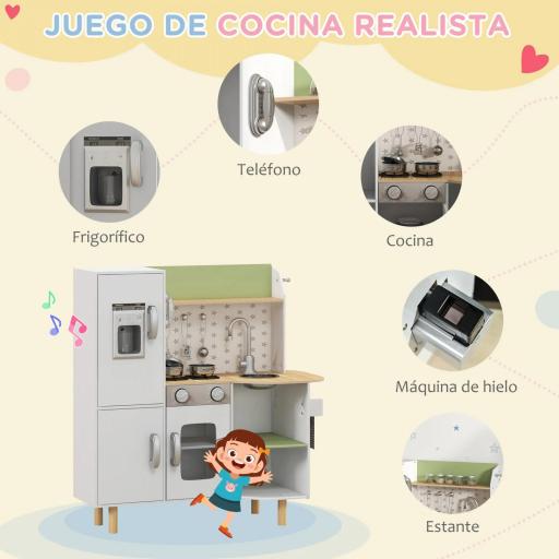 Cocinita de Juguete Infantil de Madera con Máquina de Hielo Fregadero Móvil y Utensilios de Cocina 84x34x89 cm Blanco [4]