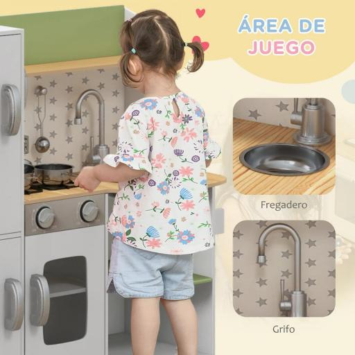 Cocinita de Juguete Infantil de Madera con Máquina de Hielo Fregadero Móvil y Utensilios de Cocina 84x34x89 cm Blanco [7]