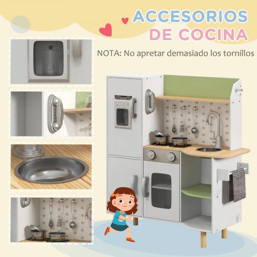 Cocinita de Juguete Infantil de Madera con Máquina de Hielo Fregadero Móvil y Utensilios de Cocina 84x34x89 cm Blanco [5]