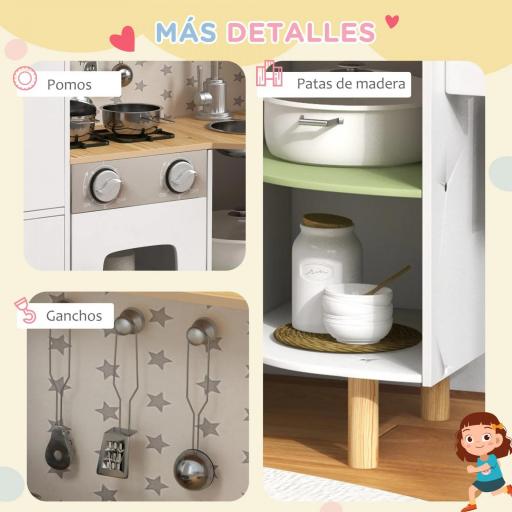 Cocinita de Juguete Infantil de Madera con Máquina de Hielo Fregadero Móvil y Utensilios de Cocina 84x34x89 cm Blanco [3]