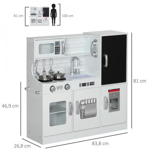 Cocina para Niños de +3 Años con Accesorios para Cocinar Pizarra Máquina de Hielo y Teléfono 83,8x26,8x81 cm Blanco [1]