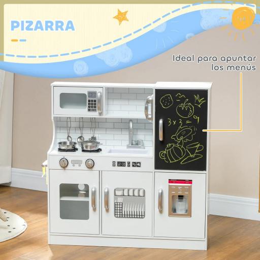 Cocina para Niños de +3 Años con Accesorios para Cocinar Pizarra Máquina de Hielo y Teléfono 83,8x26,8x81 cm Blanco [5]