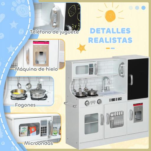 Cocina para Niños de +3 Años con Accesorios para Cocinar Pizarra Máquina de Hielo y Teléfono 83,8x26,8x81 cm Blanco [2]