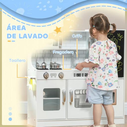 Cocina para Niños de +3 Años con Accesorios para Cocinar Pizarra Máquina de Hielo y Teléfono 83,8x26,8x81 cm Blanco [3]