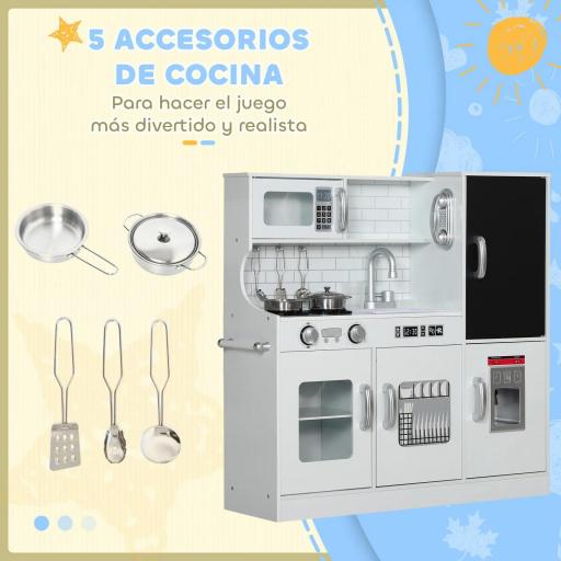 Cocina para Niños de +3 Años con Accesorios para Cocinar Pizarra Máquina de Hielo y Teléfono 83,8x26,8x81 cm Blanco [6]