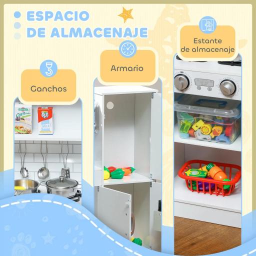 Cocina para Niños de +3 Años con Accesorios para Cocinar Pizarra Máquina de Hielo y Teléfono 83,8x26,8x81 cm Blanco [4]
