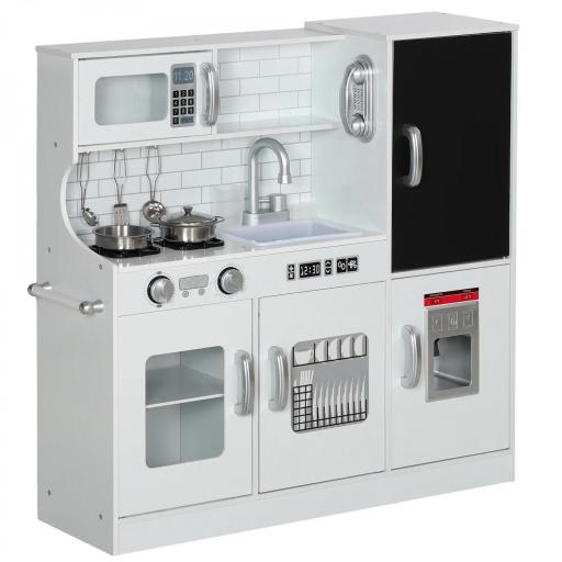 Cocina para Niños de +3 Años con Accesorios para Cocinar Pizarra Máquina de Hielo y Teléfono 83,8x26,8x81 cm Blanco [10]