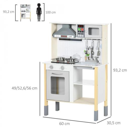 Cocina Infantil de Madera para Niños de +3 Años con Altura Ajustable Luz y Sonidos 60x30,5x93,2 cm Blanco [1]