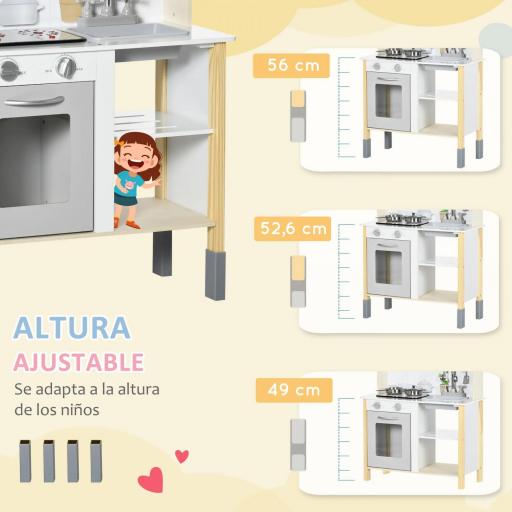 Cocina Infantil de Madera para Niños de +3 Años con Altura Ajustable Luz y Sonidos 60x30,5x93,2 cm Blanco [4]