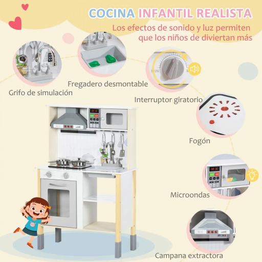 Cocina Infantil de Madera para Niños de +3 Años con Altura Ajustable Luz y Sonidos 60x30,5x93,2 cm Blanco [2]