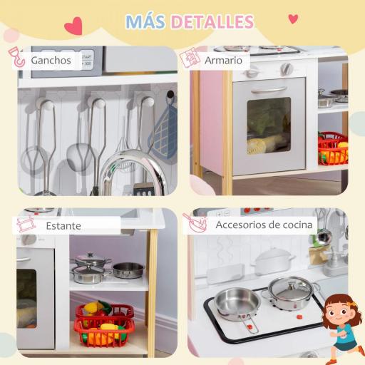 Cocina Infantil de Madera para Niños de +3 Años con Altura Ajustable Luz y Sonidos 60x30,5x93,2 cm Blanco [5]