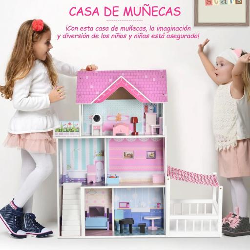 Casa de Muñecas de Madera de 3 Pisos con Patio 86x30x87 cm Muebles Accesorios de 13 Piezas Diseño Lindo Casita Muñecas de Juguete Madera Rosa [4]