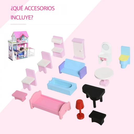 Casa de Muñecas de Madera de 3 Pisos con Patio 86x30x87 cm Muebles Accesorios de 13 Piezas Diseño Lindo Casita Muñecas de Juguete Madera Rosa [2]