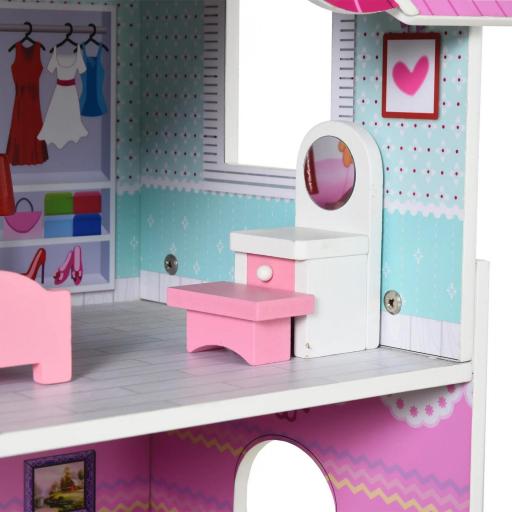 Casa de Muñecas de Madera de 3 Pisos con Patio 86x30x87 cm Muebles Accesorios de 13 Piezas Diseño Lindo Casita Muñecas de Juguete Madera Rosa [5]