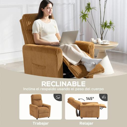 Sillón Relax Reclinable Manual Tapizado en Pana Instalación Rápida Reposapiés Acolchado Grueso Marrón [2]