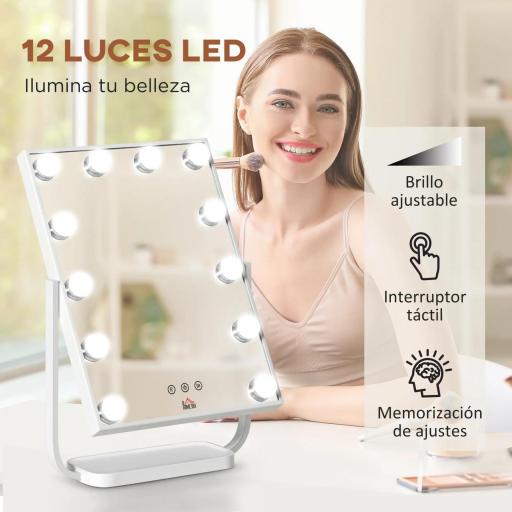Espejo de Maquillaje con Luz Espejo Hollywood de Mesa con 12 LED 3 Modos y Luz Ajustable Pantalla Táctil y Función de Memoria para Dormitorio Baño 32,8x11x47,4 cm Blanco [3]