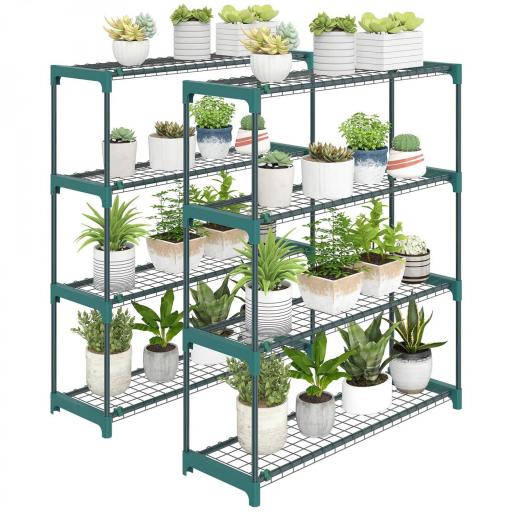 Juego de 2 Soportes para Plantas de 4 Niveles Interior y Exterior Estantes Metálicos con Conectores Fácil Montaje Verde [10]