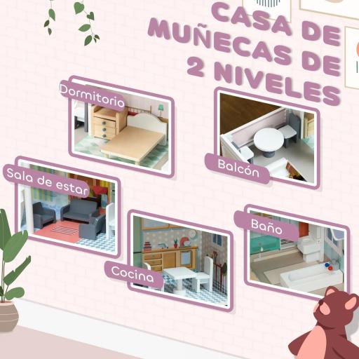 Casa de Muñecas con Muebles y Accesorios con Balcón 2 Pisos Juguete para Niños y Niñas a Partir de 3 Años Multicolor [8]