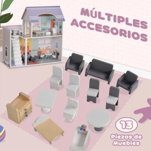 Casa de Muñecas con Muebles y Accesorios con Balcón 2 Pisos Juguete para Niños y Niñas a Partir de 3 Años Multicolor [3]