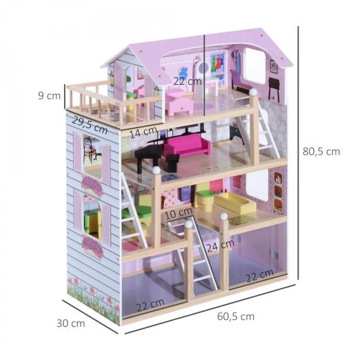 Casa de Muñecas Infantil con Muebles Casa de Muñecas de 4 Pisos con 13 Accesorios 60,5x30x80,5cm Rosa [1]