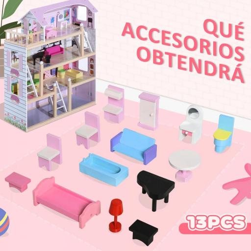 Casa de Muñecas Infantil con Muebles Casa de Muñecas de 4 Pisos con 13 Accesorios 60,5x30x80,5cm Rosa [3]