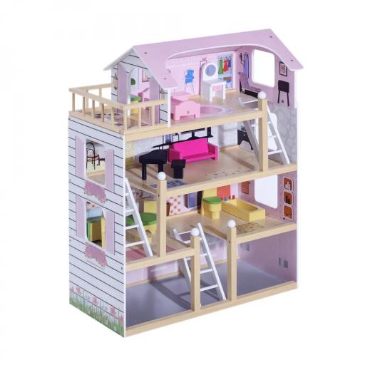 Casa de Muñecas Infantil con Muebles Casa de Muñecas de 4 Pisos con 13 Accesorios 60,5x30x80,5cm Rosa [9]