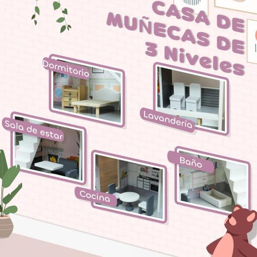 Casa de Muñecas con Muebles y Accesorios de 3 Pisos Juguete para Niños y Niñas a Partir de 3 Años Gris [2]