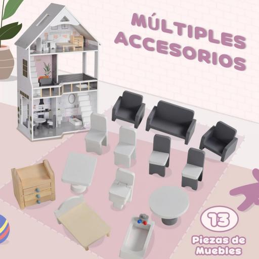 Casa de Muñecas con Muebles y Accesorios de 3 Pisos Juguete para Niños y Niñas a Partir de 3 Años Gris [5]