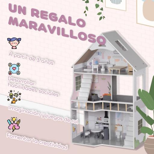 Casa de Muñecas con Muebles y Accesorios de 3 Pisos Juguete para Niños y Niñas a Partir de 3 Años Gris [3]