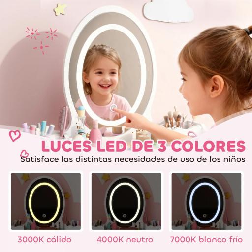 Tocador de Maquillaje Niña con Luces LED de 3 Colores Taburete Espejo 2 Cajones 2 Cajas de Almacenaje Blanco [2]