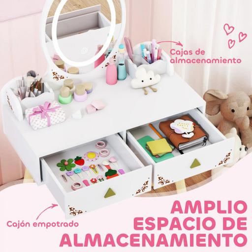 Tocador de Maquillaje Niña con Luces LED de 3 Colores Taburete Espejo 2 Cajones 2 Cajas de Almacenaje Blanco [3]
