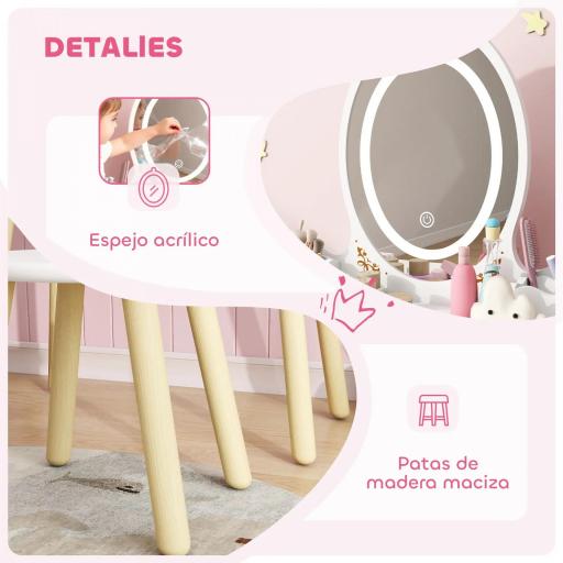 Tocador de Maquillaje Niña con Luces LED de 3 Colores Taburete Espejo 2 Cajones 2 Cajas de Almacenaje Blanco [5]