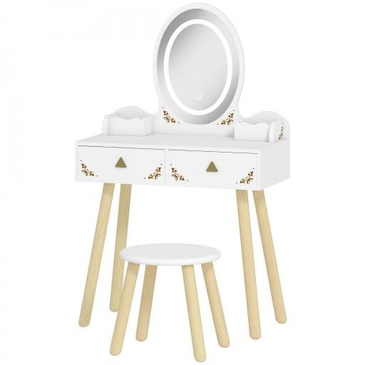 Tocador de Maquillaje Niña con Luces LED de 3 Colores Taburete Espejo 2 Cajones 2 Cajas de Almacenaje Blanco [9]
