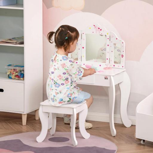 Tocador Infantil con Taburete y Espejo Ajustable, Tocador para Niñas con Cajón, Mesa de Maquillaje para Niños y Niñas de 3-6 Años, Blanco