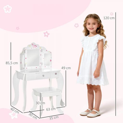 Tocador Infantil con Taburete y Espejo Ajustable, Tocador para Niñas con Cajón, Mesa de Maquillaje para Niños y Niñas de 3-6 Años, Blanco [1]