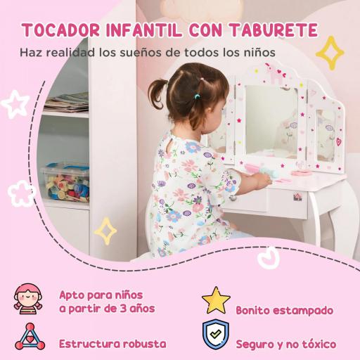 Tocador Infantil con Taburete y Espejo Ajustable, Tocador para Niñas con Cajón, Mesa de Maquillaje para Niños y Niñas de 3-6 Años, Blanco [4]