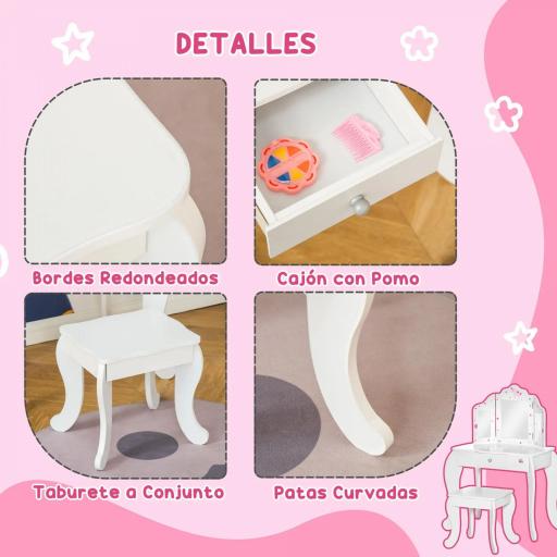 Tocador Infantil con Taburete y Espejo Ajustable, Tocador para Niñas con Cajón, Mesa de Maquillaje para Niños y Niñas de 3-6 Años, Blanco [3]