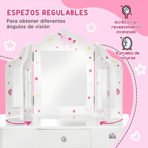 Tocador Infantil con Taburete y Espejo Ajustable, Tocador para Niñas con Cajón, Mesa de Maquillaje para Niños y Niñas de 3-6 Años, Blanco [7]