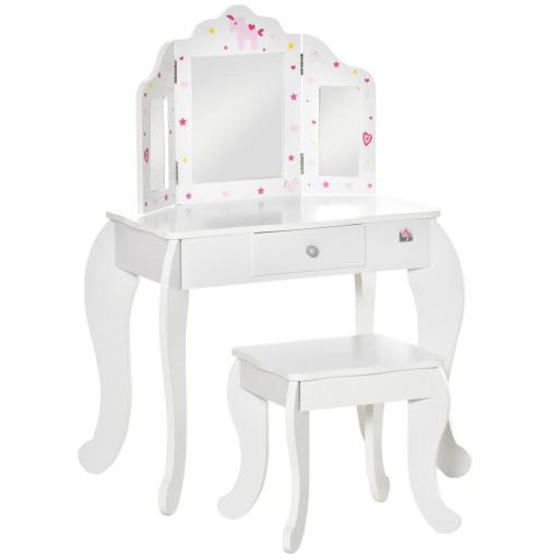 Tocador Infantil con Taburete y Espejo Ajustable, Tocador para Niñas con Cajón, Mesa de Maquillaje para Niños y Niñas de 3-6 Años, Blanco [9]