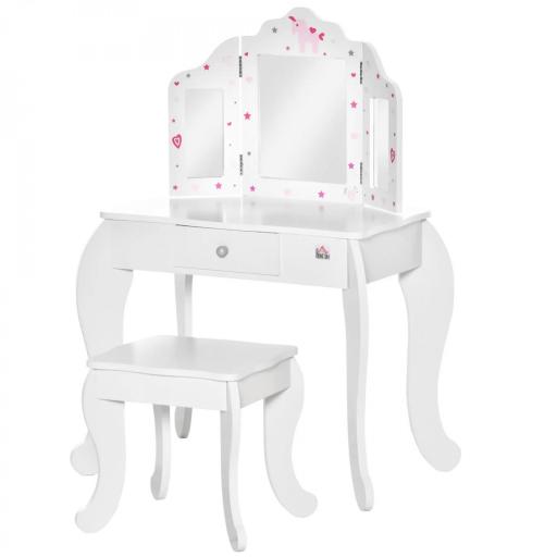Tocador Infantil con Taburete y Espejo Ajustable, Tocador para Niñas con Cajón, Mesa de Maquillaje para Niños y Niñas de 3-6 Años, Blanco [8]