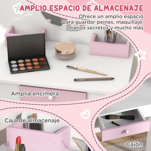 Tocador Infantil con Taburete y Espejo Tocador para Niñas con Cajón Compartimentos Diseño de Unicornio Blanco [2]