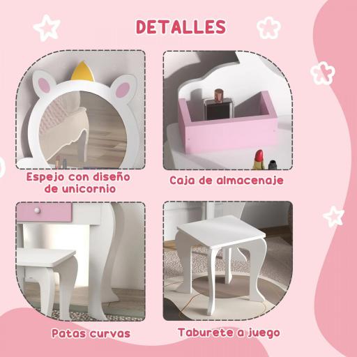 Tocador Infantil con Taburete y Espejo Tocador para Niñas con Cajón Compartimentos Diseño de Unicornio Blanco [4]