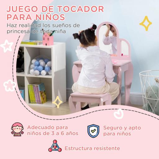 Tocador para Niños con Espejo y Taburete Tocador Infantil Tocador de Maquillaje para Niña de 3 a 6 Años con Cajón Rosa [3]