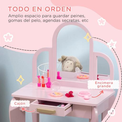 Tocador para Niños con Espejo y Taburete Tocador Infantil Tocador de Maquillaje para Niña de 3 a 6 Años con Cajón Rosa [2]