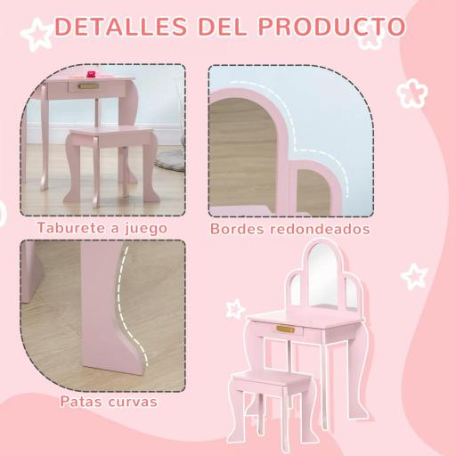 Tocador para Niños con Espejo y Taburete Tocador Infantil Tocador de Maquillaje para Niña de 3 a 6 Años con Cajón Rosa [4]