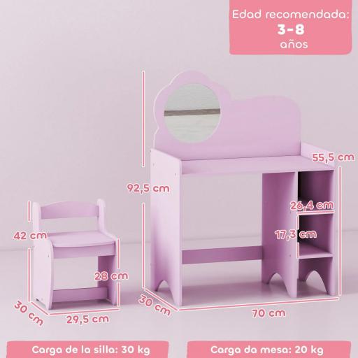Tocador Infantil con Taburete y Espejo en Forma de Flor con Estantes Abiertos para Niños y Niñas de 3-8 Años Morado [1]